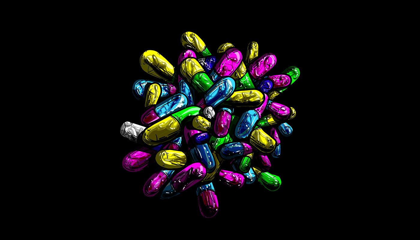 the cocktail - colorful pills filled with ink. 